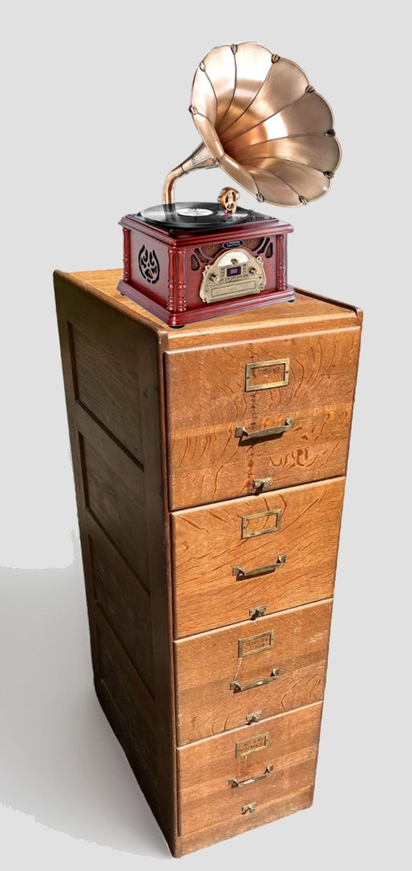phonograph on a filing cabinet